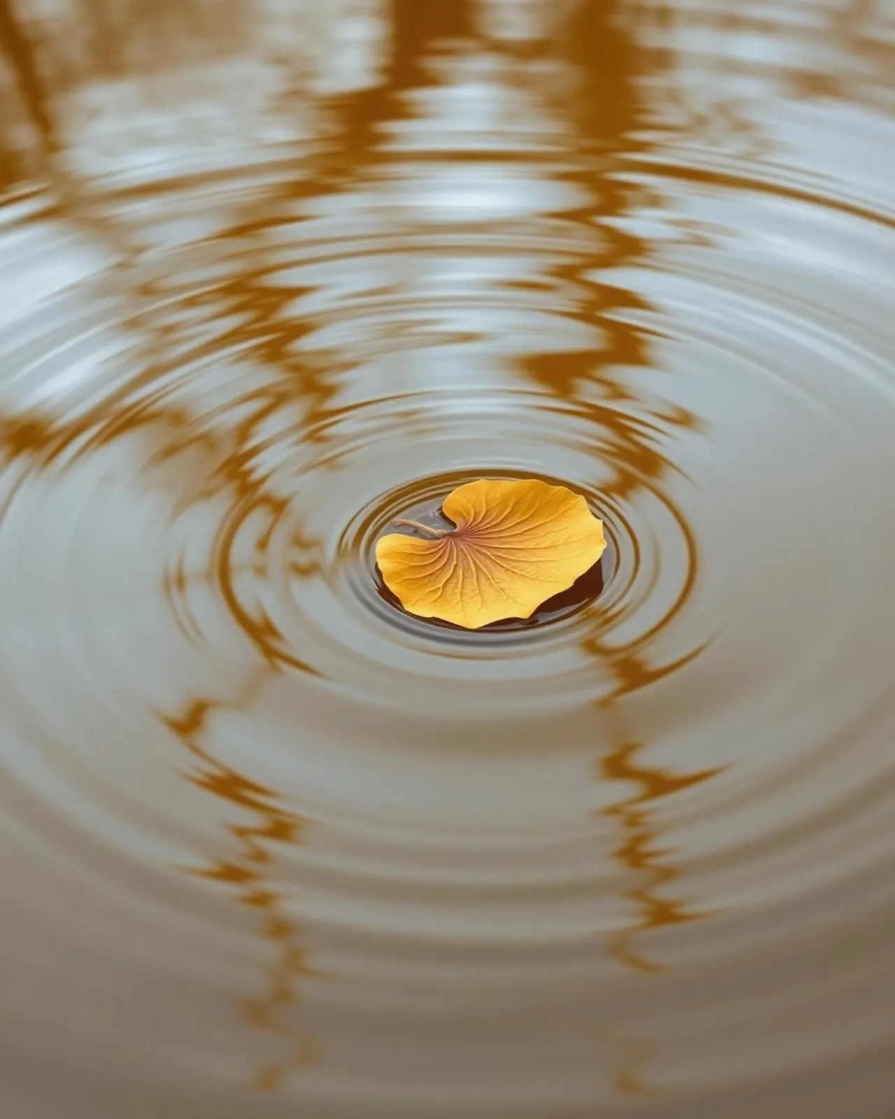 A single leaf on still water, ripples expanding outward