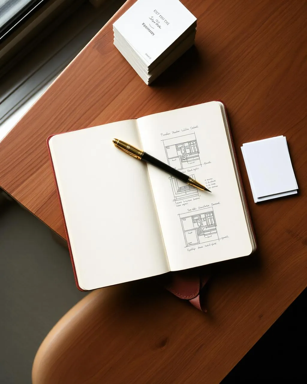 An open notebook with a brass pen resting on hand-drawn framework diagrams