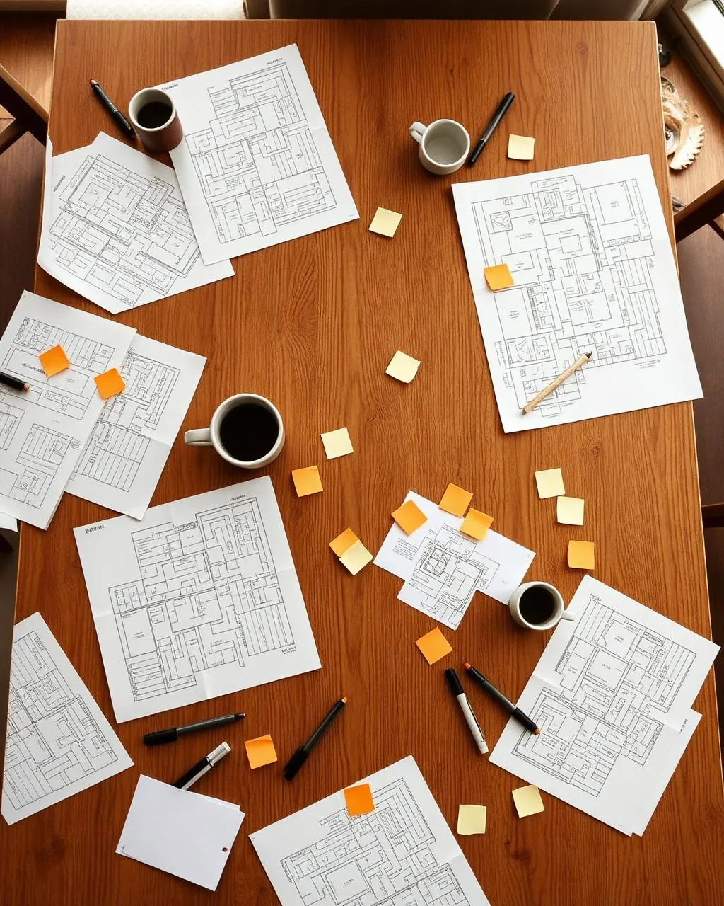 Overhead view of a workshop table covered in sketches, sticky notes, and coffee cups