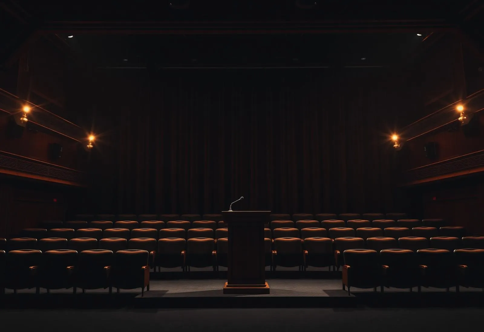 Empty theater with a single warm spotlight on a wooden lectern